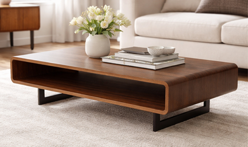 Wooden coffee table with built-in shelf space, placed on a light rug beside a cream sofa.